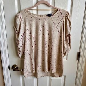 Democracy Womens Top XL Beige‎ Purple Abstract Print Ruched Sleeve Blouse